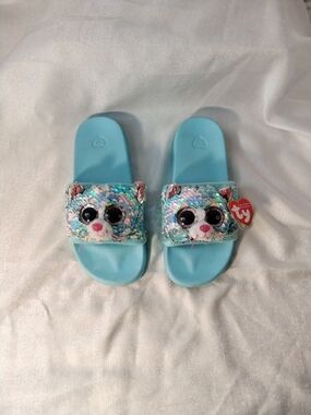 Ty Light Blue Sequin Bear Kids Slide Sandals